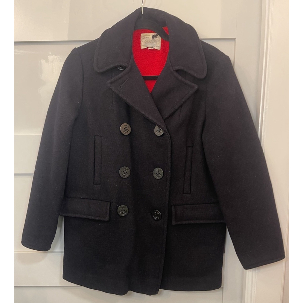 Vintage Sears Roebuck Wool Navy Peacoat Jacket – Red Lining – Size 8 – 1960s